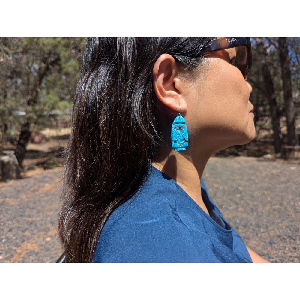 Navajo Dangle Earrings‎ Hand cut Native American Green Turquoise Slab Jewelry ** - Picture 4 of 11